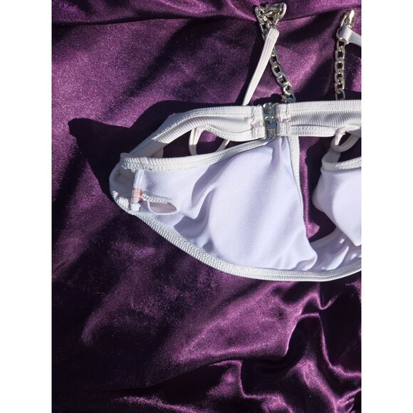 White Ribbed Swim Top Bralette With Chain Straps & Back Clasp Closure*34B - Picture 7 of 7